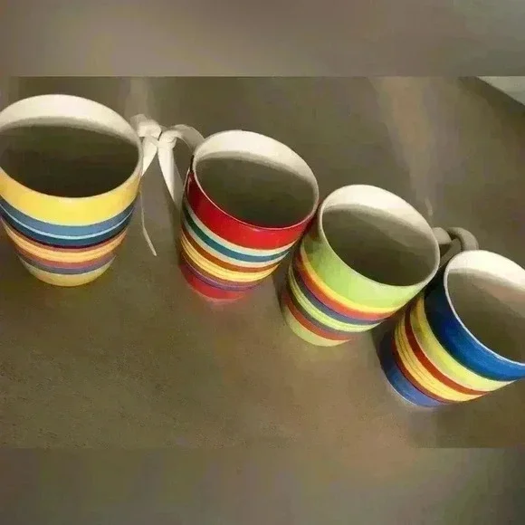 Brylane Home Kitchen Santa Fe Ceramic Coffee Mug Striped Stoneware Set of 4 - Picture 1 of 6
